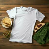 AI generated Blank white t - shirt lying in a sleeping position on a table, up view with several tacos food photo