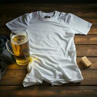 AI generated Blank white t - shirt lying in a sleeping position on a table and are several glass of beer photo