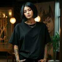 AI generated an asian girl with tattoos wearing a black oversized t-shirt photo