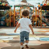 ai generado espalda ver de un salvaje pequeño chico con vistiendo blanco t - camisa corriendo rápido alrededor en un patio de recreo foto