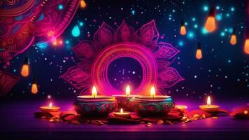 A modern Diwali background with a fusion of bright neon lights and Indian traditional elements AI Generative photo