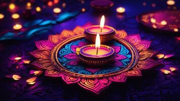 A modern Diwali background with a fusion of bright neon lights and Indian traditional elements AI Generative photo