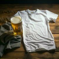 AI generated Blank white t - shirt lying in a sleeping position on a table and are several glass of beer photo