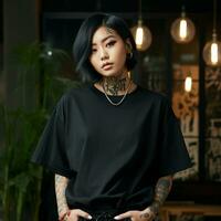 AI generated an asian girl with tattoos wearing a black oversized t-shirt photo