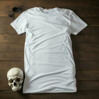 ai generado un blanco blanco t - camisa acostado en un dormido posición en un mesa, arriba vista, junto a eso un cráneo foto