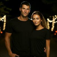 AI generated a beautiful couple wearing black shirts, with background of scary halloween lights photo