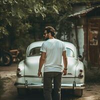 ai generado un hombre en el espalda de un antiguo auto, vistiendo un blanco blanco camiseta foto