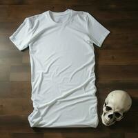 AI generated a blank white t - shirt lying in a sleeping position on a table, up view, beside it a skull photo