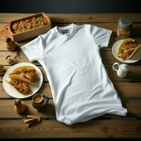 AI generated Blank white t - shirt lying in a sleeping position on a table, up view with several tacos food photo