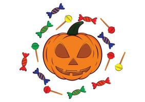 Pumpkin with candies clipart vector design on white background. Happy Halloween