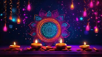 A modern Diwali background with a fusion of bright neon lights and Indian traditional elements AI Generative photo