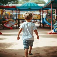 AI generated Back view of a wild little boy with wearing white t - shirt running fast around in a playground photo
