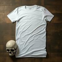 AI generated a blank white t - shirt lying in a sleeping position on a table, up view, beside it a skull photo