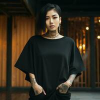 AI generated an asian girl with tattoos wearing a black oversized t-shirt photo