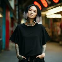 ai generado un asiático niña con tatuajes vistiendo un negro de gran tamaño camiseta foto