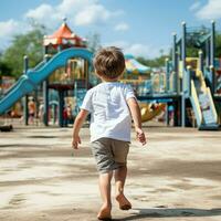 ai generado espalda ver de un salvaje pequeño chico con vistiendo blanco t - camisa corriendo rápido alrededor en un patio de recreo foto