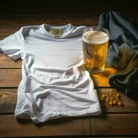 AI generated Blank white t - shirt lying in a sleeping position on a table and are several glass of beer photo