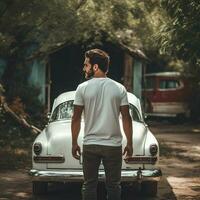 ai generado un hombre en el espalda de un antiguo auto, vistiendo un blanco blanco camiseta foto