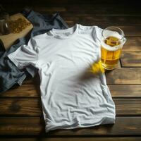 AI generated Blank white t - shirt lying in a sleeping position on a table and are several glass of beer photo