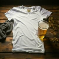 AI generated Blank white t - shirt lying in a sleeping position on a table and are several glass of beer photo