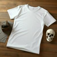 AI generated a blank white t - shirt lying in a sleeping position on a table, up view, beside it a skull photo