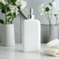 ai generado jabón botella en blanco blanco color, en el bañera habitación foto