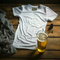 AI generated Blank white t - shirt lying in a sleeping position on a table and are several glass of beer photo