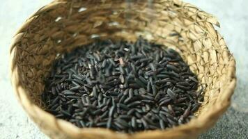 zwart rijst- granen in een houten kom . video
