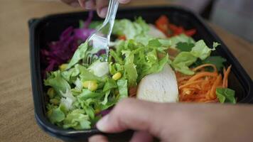 femmes en mangeant salade dans une Plastique bol Extérieur video