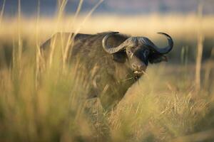 A buffalo grazing on the banks of the chobe river. photo