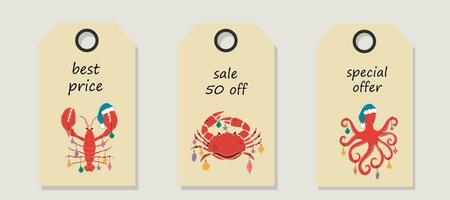 LVector set of discount price tags. Labels with set of Lobster, octopus, Crab with Christmas decorations. Template for shopping tags. Christmas sale. vector