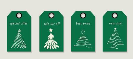 Vector set of discount price tags. Labels with Christmas tree line on a green isolated background. Template for shopping tags. Christmas sale.