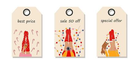 Vector set of discount price tags. Labels with  female legs in Christmas socks, with a garland, a cup of coffee, Christmas cookies and Christmas candy, and with corgi dog. Template for shopping tags.