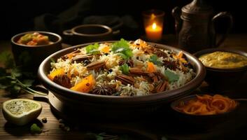 A bowl of biryani on plate Generative AI photo