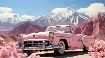 rosado coche con flores detrás el nieve montañas generativo ai. foto