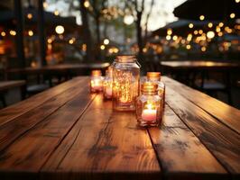 Candles on a wooden table with Christmas decorations Generative AI photo