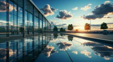 Modern glass buildings at beautiful sunset Generative AI photo