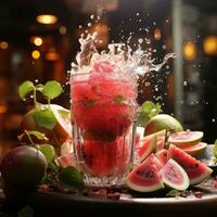 Tasty watermelon juice on a wooden table Generative AI photo