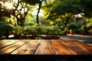 Wooden board empty table in front of blurred green garden background Generative AI photo