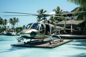 Private helicopter in resort close to the water Generative AI photo