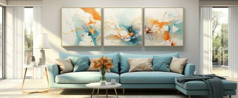 Living room with beautiful paintings Generative AI. photo