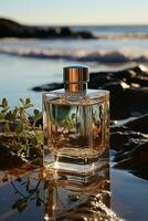 bottle of perfume with leaf Generative AI photo