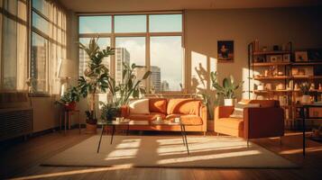 moderno vivo habitación con naranja sofá conjunto generativo ai foto
