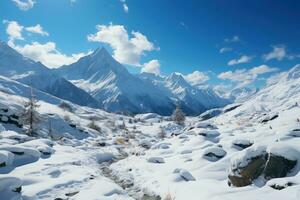 hermosa Nevado paisaje con el montañas generativo ai foto