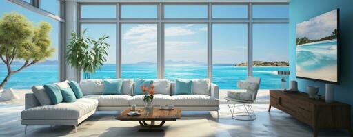modern living room with sofa behind the sea Generative AI photo