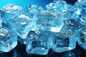 Ice cubes, isolated on blue background Generative AI photo
