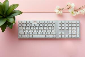 white keyboard on pink background Generative AI photo
