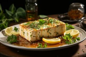 Fresh piece of cheese with honey Generative AI photo