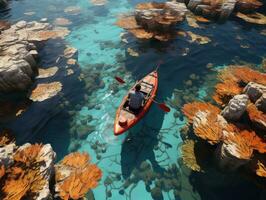 An athletic man floats on a red boat in a beautiful river Generative AI photo