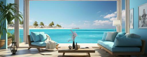 Modern interior of the living room with sofa and pool Generative AI photo